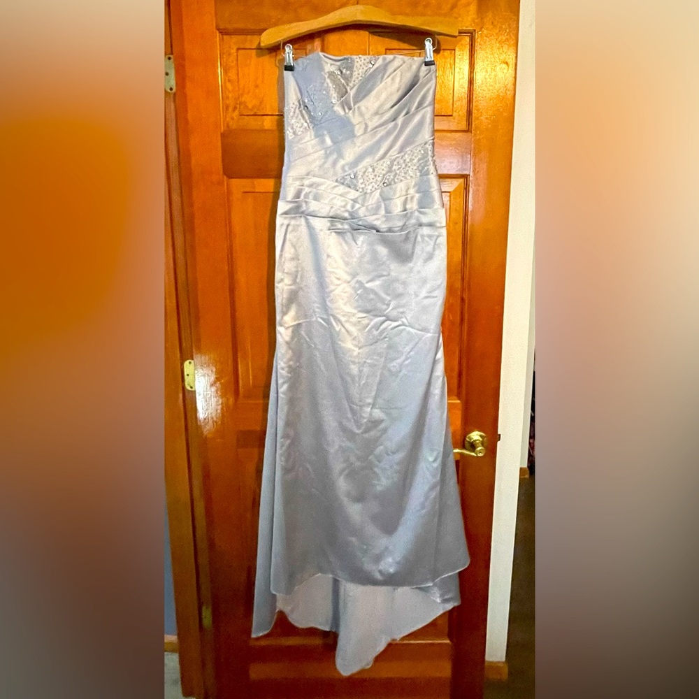 Gray/silver with embellishments, sequins, and rhinestones gown for sale.
